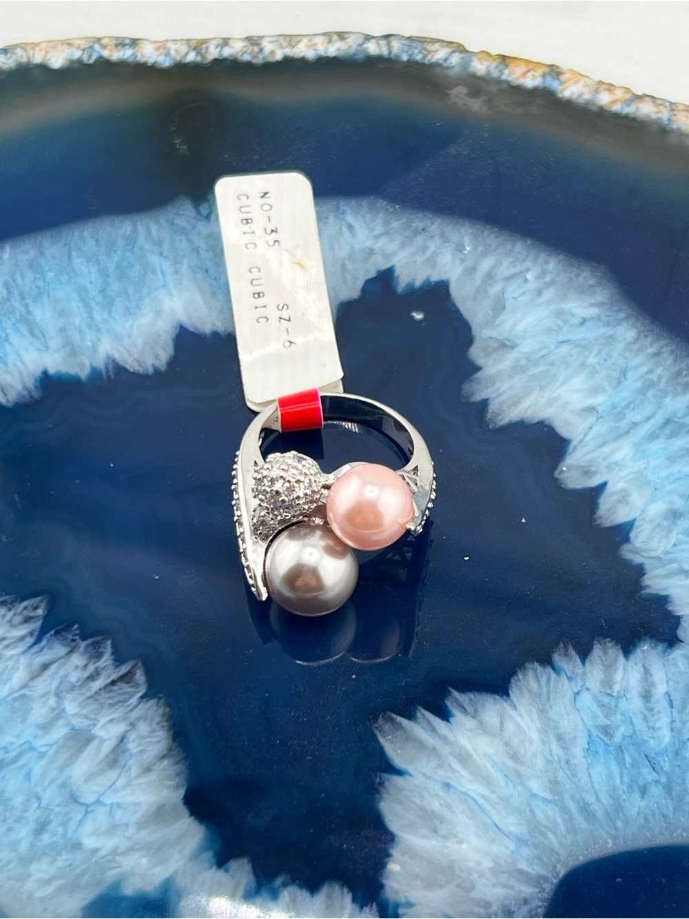 Silver Dual Pearl Statement Ring Pink Gray Faux Pearl CZ Accents Size 6 NWT